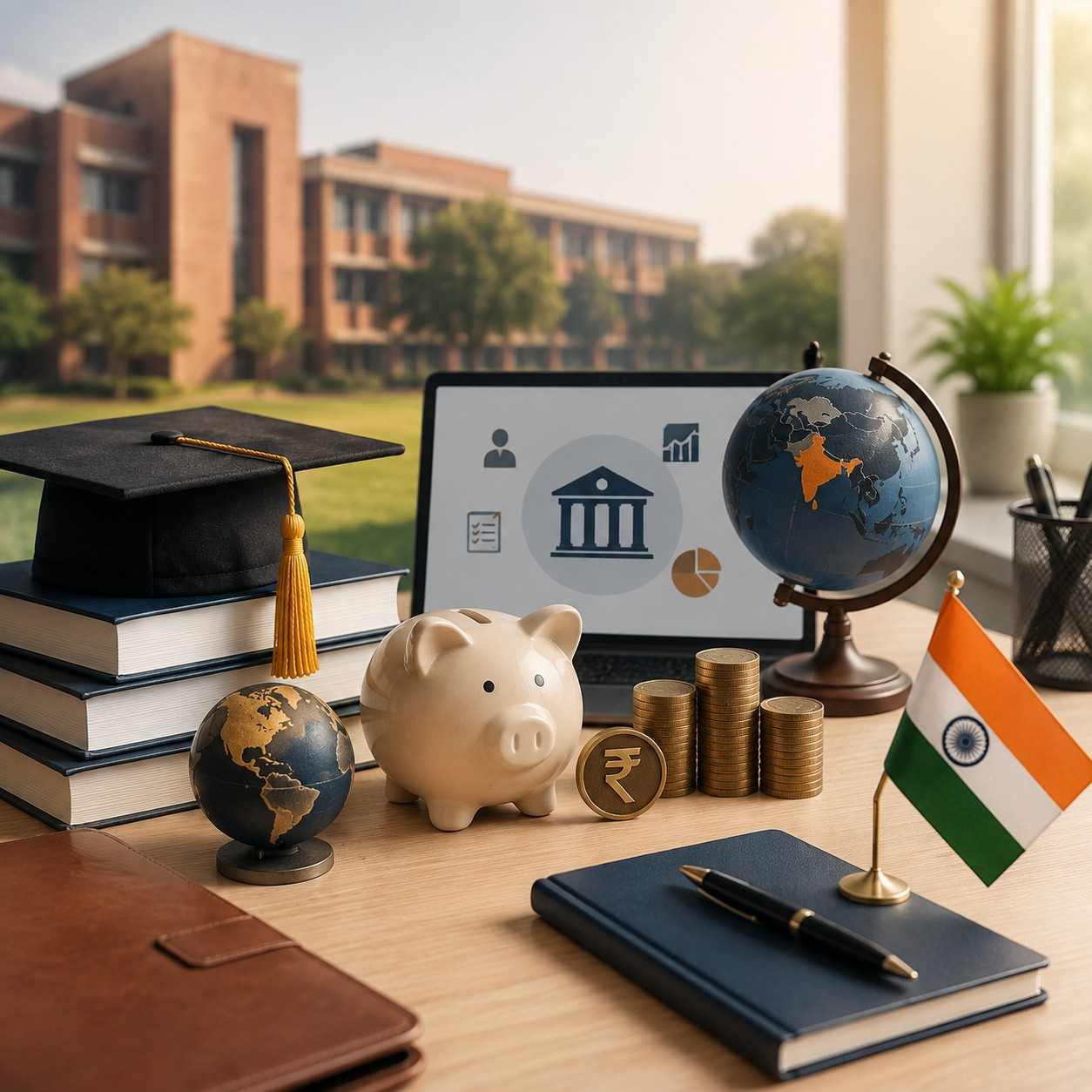 Indian applicants planning XLRI MBA fees with graduation cap, education finance symbols, Indian flag, globe, books and financial planning elements.